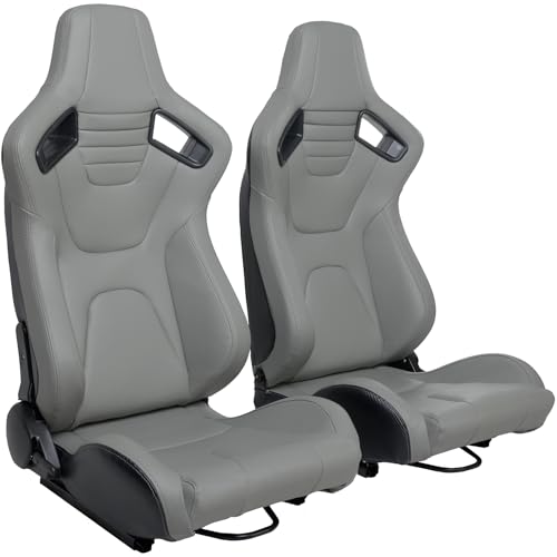 WIILAYOK 2 Pack Racing Seats, 1 Pair Universal PVC Leather Racing Bucket Seats with Dual Lock Sliders for Front-Back Adjustment, Automotive Racing Sports Seats for Cars, Gray