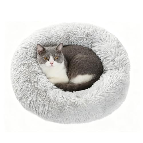 Lemuluxe Dog Bed Cat Bed, Calming Cat Donut Round Washable Plush Bed, Cat Beds for Indoor Cats, Pet Bed with Anti Slip Bottom Fluffy Puppy Kitten Beds, 40x40cm (Light Grey)
