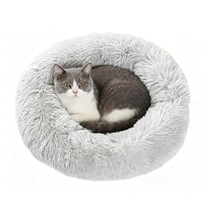Dog Bed Cat Bed, Calming Cat Donut Round Washable Plush Bed, Cat Beds for Indoor Cats, Pet Bed with Anti Slip Bottom Fluffy Puppy Kitten Beds, 40x40cm (Light Grey)