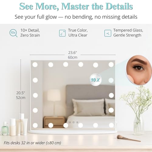 Image of LUXFURNI Vanity Mirror with Lights, 23.6 inch Hollywood Makeup Mirror White | 18 Surround LED Bulbs, 360 Shadow-Free Lighting, 3 Color Modes, USB Charging, Tabletop & Wall Mount for Bedroom Dorm Desk