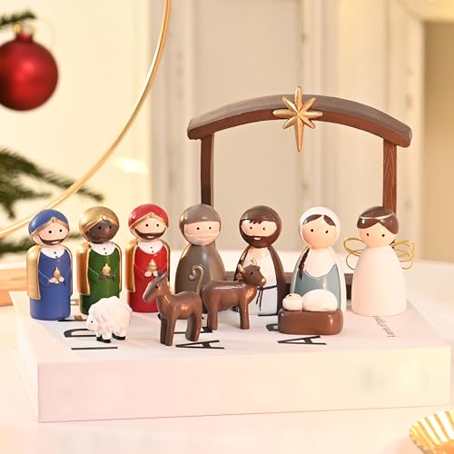 AOMOONOA Small Nativity Set for Kids, Cute Resin Nativity Figurine, 12Pcs Holy Family Figurines Miniature Christmas Nativity Scene, Rustic Mini Figurine for Christmas Indoor Decor