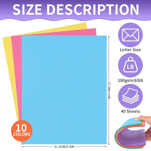 Uncle Paul 40 Sheets Mixed 10 Colors Cardstock - 8.5\'\' x 11\'\' Double-sided Cover Card Stock 65lb Printer Paper Perfect for Scrapbooking, Crafts, Business Cards 180gsm UAP25MX140