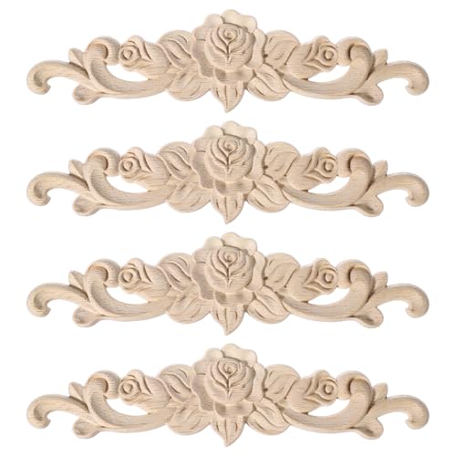 Thinp Lot de 4 ornements en bois - Moulures murales autocollantes pour meubles - Moulures décoratives sculptées - Applique vintage - Pour porte, armoire, maison - 20 x 5,3 cm
