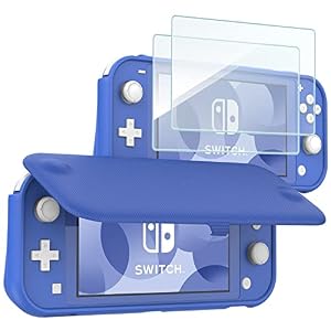 ProCase Klapp Schutzhülle + (2 Stück) Schutzfolie Glas für Nintendo Switch Lite 2019, Weich dünn TPU Stoßfest Hülle + 2 Hartglas Blasenfrei Displayschutzfolien aus gehärtetem Glas -Blau
