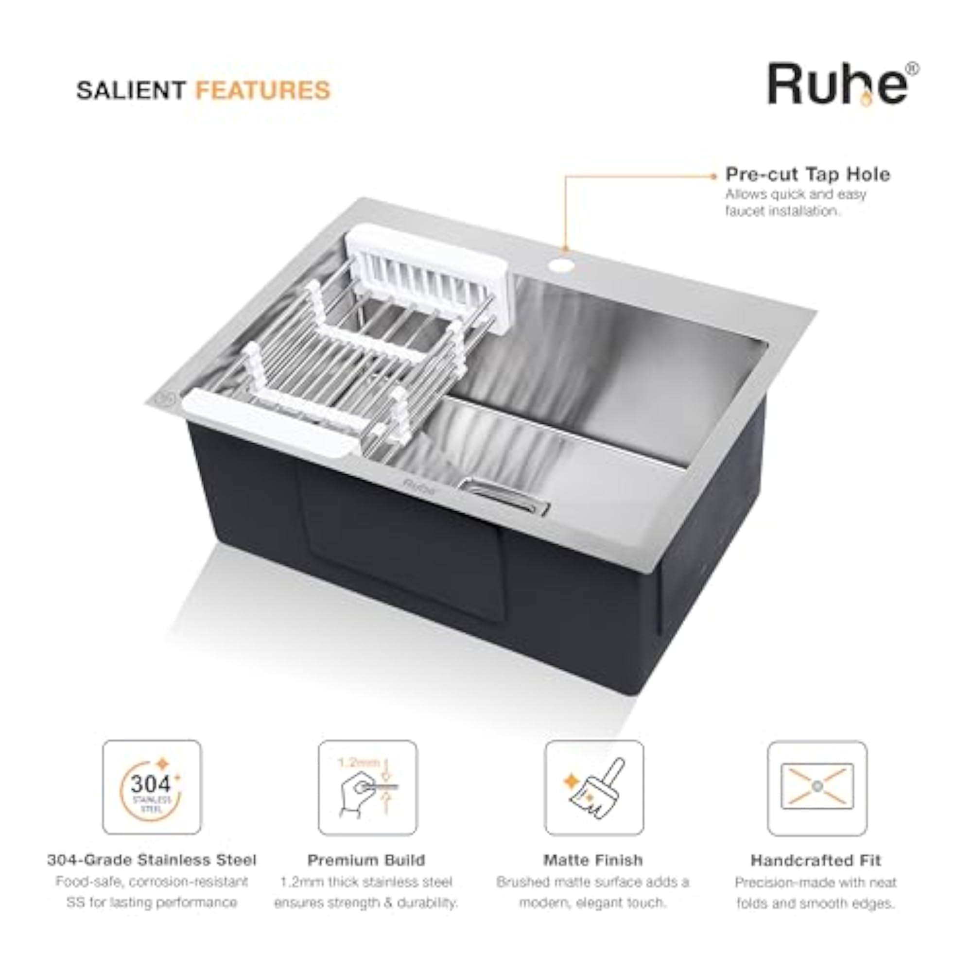 Single Bowl Kitchen Sink with Tap Hole - 24x18x10 inches