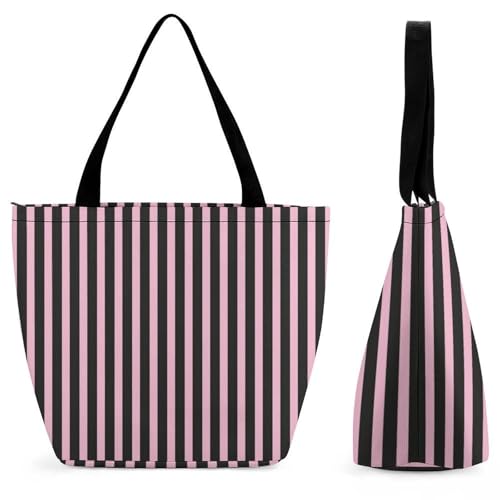 Black And Black Stripes Tote Bag for Women Reusable Shopping Bag Beach Bag for Shopping Gym Travel