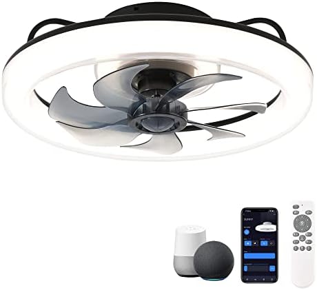 CHANFOKSmart Ceiling Fans with Lights, 20'' Low Profile Ceiling Fan with Remote and App Control, Flush Mount Ceiling Fan with Voice Control, Compatible with Alexa & Google Home (Black)