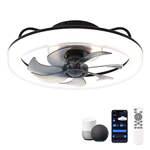 CHANFOKSmart Ceiling Fans with Lights, 20'' Low Profile Ceiling Fan with Remote and App Control, Flush Mount Ceiling Fan with Voice Control, Compatible with Alexa & Google Home (Black)