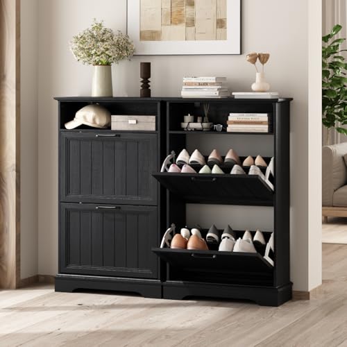 Image of 24 inch W Hidden Shoe Storage Cabinet with 2 Flip Drawers & Open Storage