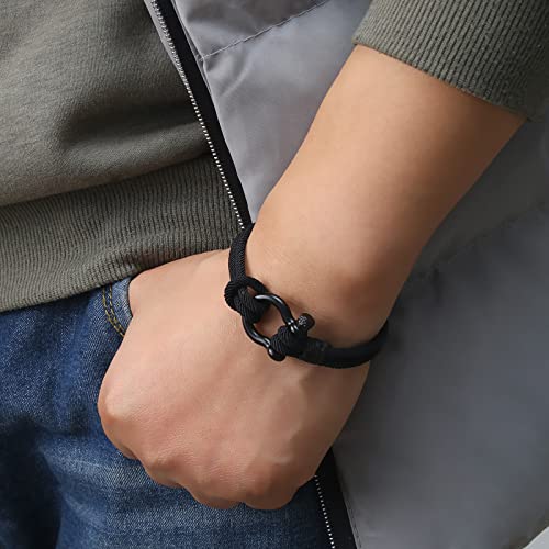 Hiloloa Handbraided Nautical Bracelet To My Son Braided Rope Cuff Wristband Men's Bracelets For Men Boys Stainless Steel Buckle Bangle Jewelry-7.87Inch-Stripe-Black #TOP2