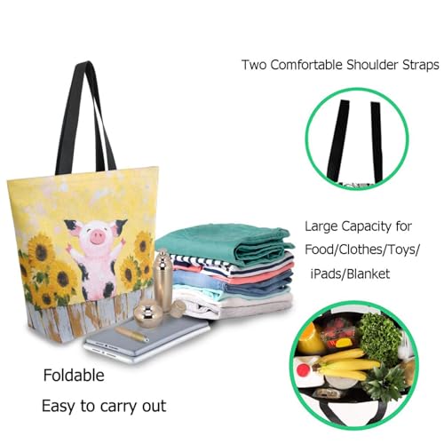 Sunflowers Field Cute Pig Painting Extra Large Canvas Gym Shoulder Tote,Durable Daily Reusable Top Handle Bag for Mens Womens Yoga Weekender Picnic Beach Travel Market Shopping2
