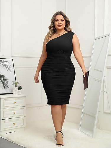 LAGSHIAN Womens Plus Size Dresses Sexy Bodycon One Shoulder Sleeveless Ruched Midi Party Dress4
