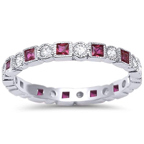 Oxford Diamond Co Antique Style Simulated Ruby & CZ Stackable Eternity Band .925 Sterling Silver Ring Sizes 7