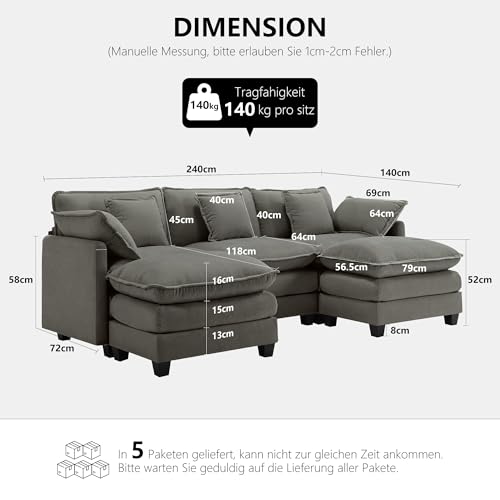 aufgebaut in modernem Wohnzimmer für Familienlounge (98 Zeichen) - Detailansicht von Urhanherry U-Form Cloud Sofa...