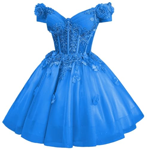Image of Zhangyo Sparkly Tulle Homecoming Dresses for Teens Off Shoulder DAMA Dress | Sparkly Tulle Homecoming Dresses, for Teens, Off Shoulder DAMA Dresses for Quinceanera, 3D Butterfly Short Ball Gown