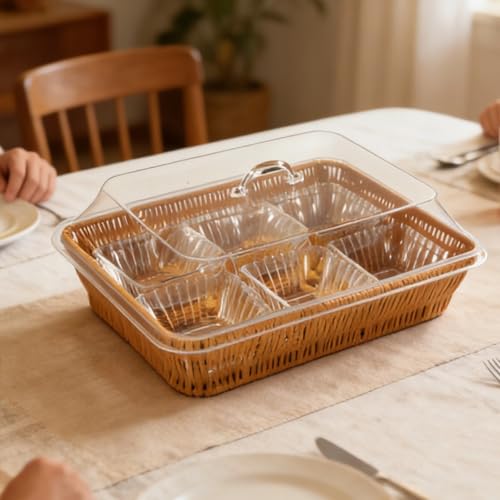 Cesta rectangular para servir tejida a mano con cubierta transparente 5