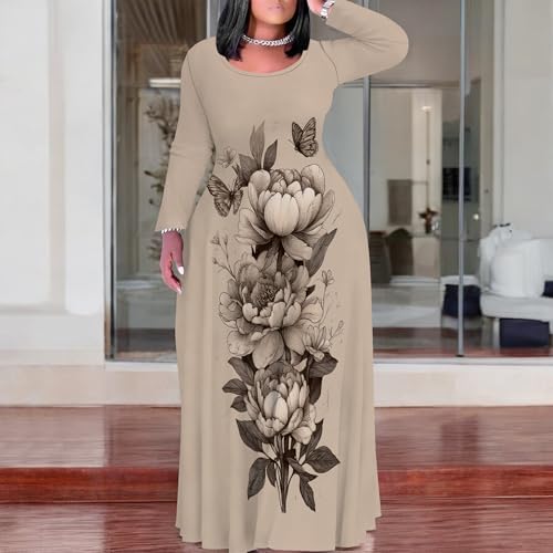 Image of PinkPatty Plus Size Maxi Dress for Curvy Women Crew Neck Long Sleeves Casual Dress Vacation Sundresses with Pockets