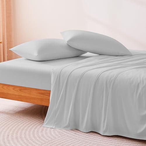 Amazon Basics Cooling Sheets, 4-Piece Bed Sheet Set for Summer, Soft and Breathable for Hot Sleepers, Bedding with 1 Deep Pocket Fitted Sheet, 1 Flat Sheet, and 2 Pillowcases, Queen, Gray - 1