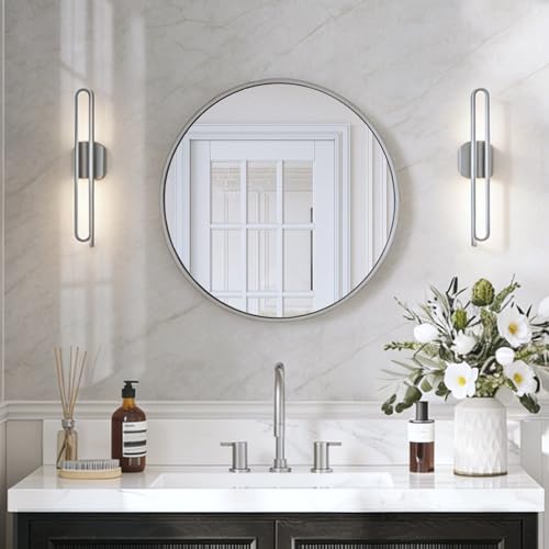 Image of 24 Inch Brushed Nickel Round Bathroom Mirror for Over Sink | Circle Mirror with Metal Frame, Wall Mirror for Vanity, Entryway, Living Room, Hallway and Bedroom Decor