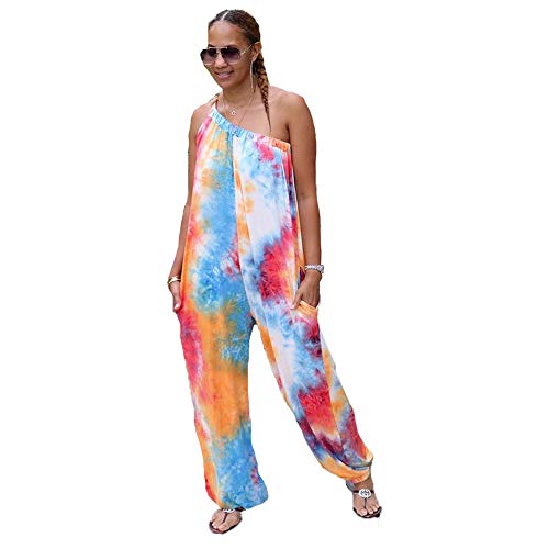 Plustrong Womens Boho African Print Spaghetti Strap Loose Fit One Piece Harem Jumpsuit Rompers Pants Summer (Rainbow tie dye, XL)