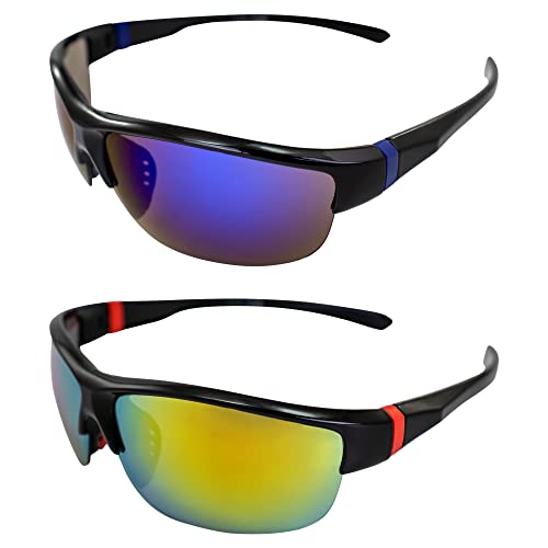 AlterImage Guardian Wraparound Sports & Motorcycle Retro Sunglasses for Men or Women 2 Pair Semi-Rimless Black Frames w/G-Tech Blue & Red Lenses