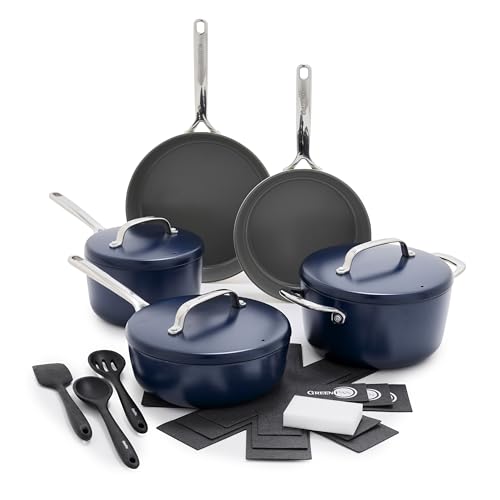 Image of GreenPan GP5 Hard Anodized Healthy Ceramic Nonstick 14 Piece Cookware Pots and Pans Set,Heavy Gauge Scratch Resistant,Stay-Flat Surface, Induction, Mirror Finish Handle,Oven Safe,PFAS-Free, Blue