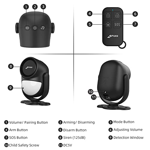 Cpvan Motion Sensor Alarm With 328Ft Remote Control, Indoor Wireless Infrared Security Motion Detector With Siren (125Db, 40Ft Pir Detector, 3*Aa Batteries) Model: Cp2 Black #TOP1