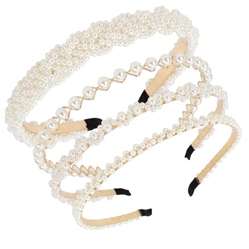 YISSION 4 Pcs White Pearl Headbands for Women Jeweled Head Bands Beaded Hairbands Fashion Wedding Bridal Headband Hair Accessories for Women Girls (Braided/Z-shaped)
