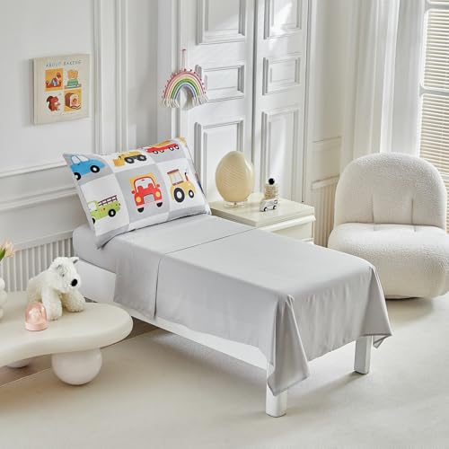 Image of White Gray Toddler Bedding Set for Boys Girls Colorful Cars Vehicle Auto Fire Engine Bulldozer 4PC Toddler Bed Set - Soft Cute Toddler Plaid Patchwork Bed in a Bag with Sheet Set and Pillow Shams