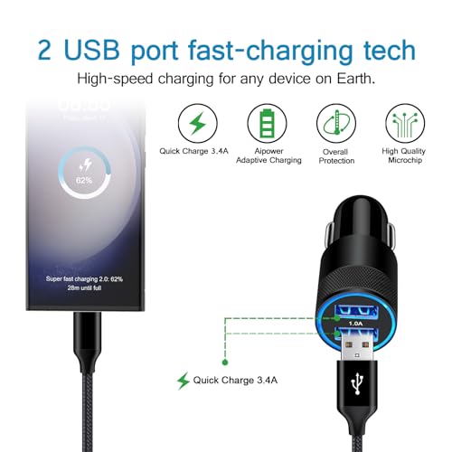 USB Type C Car Charger, Dual Port Car Adapter with 6ft Fast Charge USB C Cable for Samsung Galaxy S24 S23 S22 S21 S20 S10 A15 A14 A54,LG Stylo 6 5 4,Google Pixel 8 Pro 7 7a 6a 6 5 4 4XL, Moto G Stylus - Thumbnail 2