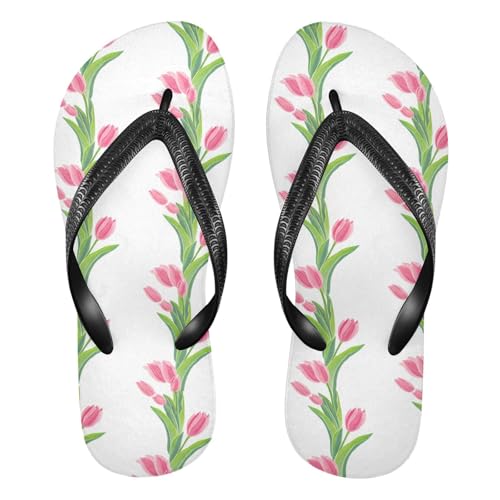 Pink Tulips Floral White Flip Flops for Beach Thong Sandals Anti-slip Lightweight Beach Shoes for Travel Summer Outdoor