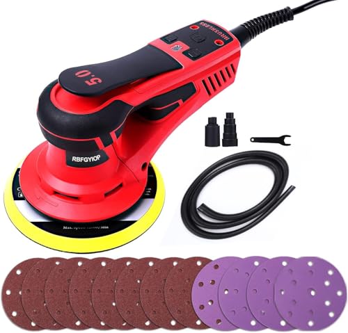 Lijadora Excéntrica 5.0 mm sin Escobillas PioneerWorks, 350W Lijadora Orbital 150mm, 4000-10000RPM, para Superficies de Madera, Incluye 12 Hojas de Papel de Lija