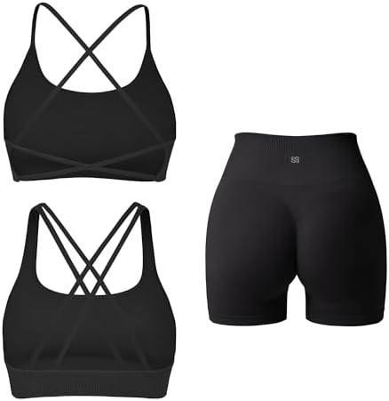 SUUKSESS Women 3 piece Workout Sets Padded Strappy Sports Bra Boo...