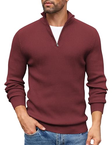 COOFANDY Jersey Hombre Invierno 1/4 Zip Cuello Alto Caliente Suéter Manga Larga Suéteres de Punto Cremallera Pullover Ajustado de Cuello Alto Burdeos XL