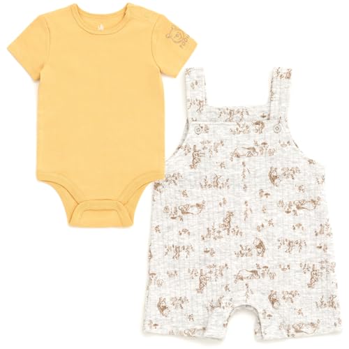 Image of Disney Winnie the Pooh Mickey Mouse Minnie Mouse Baby Bodysuit and Short Overalls Outfit Set Newborn to Infant