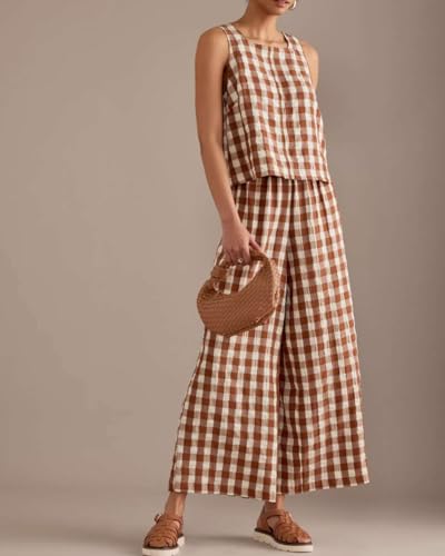 Women 2 Piece Outfits Cotton Gingham Pajama Set Y2K Plaid Sleeveless Top Wide Leg Pants Lounge Matching Set S-XXL3