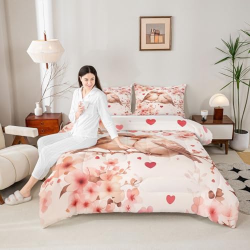 Image of Erosebridal Chickadee Queen Comforter Set Pink Valentine Bedding Set for Kids Teens Love Heart Pattern Bedroom Decor Heart Floral Spring Quilt Duvet