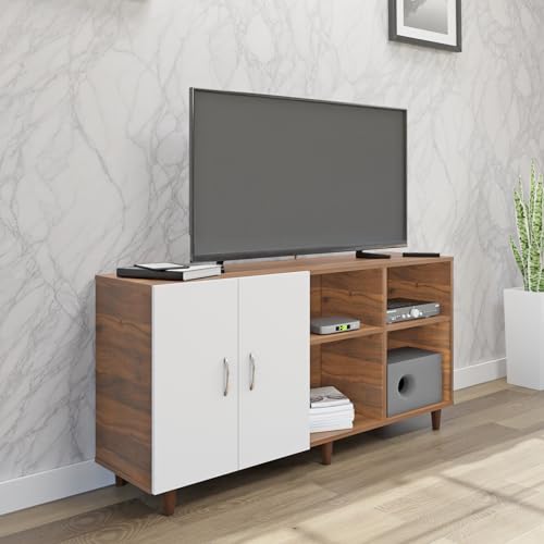 Image of VIKI Modern TV Unit for Living Room | Engineered Wood TV Cabinet with 2 Door Storage & 2 Open Shelves, Entertainment Unit, 140W x 74H x 40D cm | DIY | 1 Year Warranty (Walnut & White)