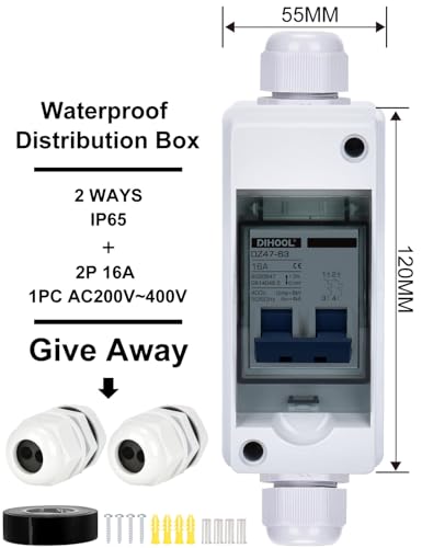 Leitungsschutzschalter 2 polig C 16a AC 230V (200-250V) schutzschalter mit IP65 Gehäuse Aufputz Verteilerkasten Verteilerdose