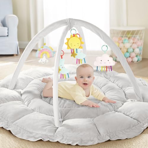 Image of Gimars Ultra Thick-100% Soft Cotton Filling Baby Play Gym & Activity Mat, 53*53’’ Large Two-Sided Baby Play Mat with Plush & Silk Surface, Stage-Based Developmental Tummy Time Mat for Toddler, Infant