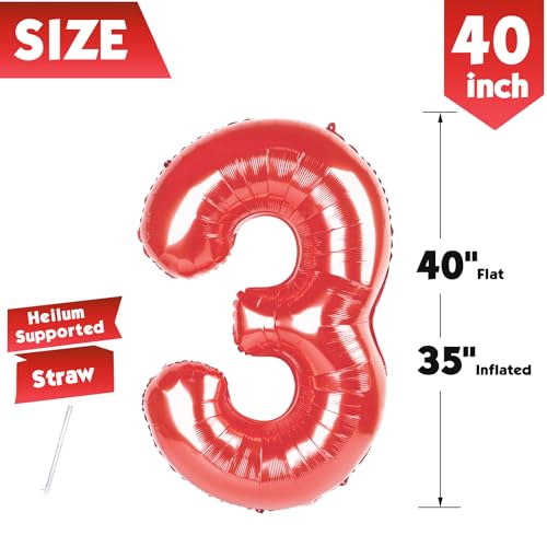 Image of 40 Inch Red Number 3 Balloon Birthday Party Decorations for Men & Women