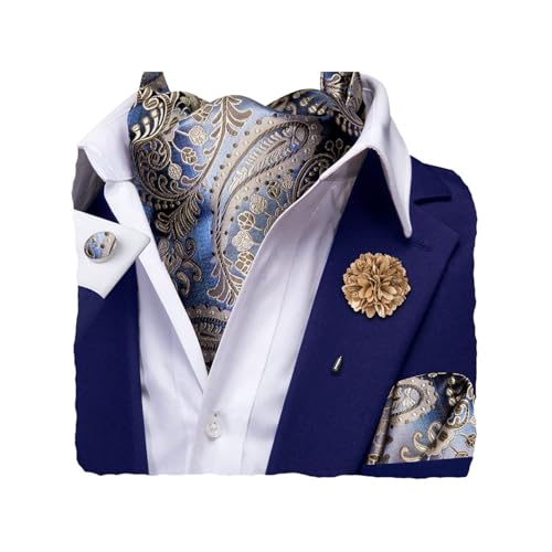 Hi-Tie Khaki Silver Blue Silk Paisley Ascot Ties for Men Self Tied Mens Cravat and Pocket Square Lapel Pin Cufflinks Set for Wedding Party