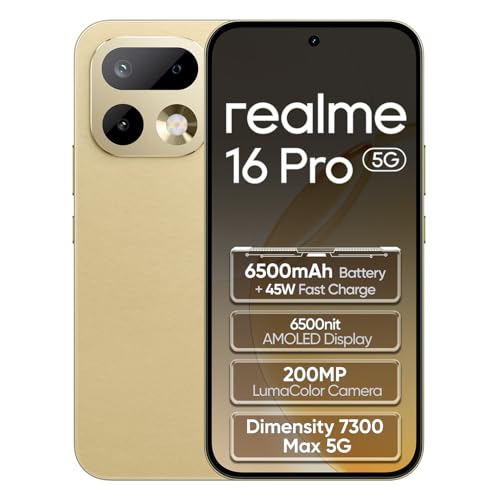 realme 16 Pro 5G Smartphone 8+256GB,Master Gold,MediaTek Dimensity 7300 Max,6.78" 144Hz AMOLED,200MP OIS rear camera,50MP front selfie,6500mAh battery,80W ultra charge,NFC,eSIM,IP69