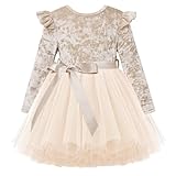 UNICOMIDEA Toddler Girl Tulle Dress 4t Ruffle Long Sleeve Baby Girls Tutu Holiday Party Fashion Velvet Dresses, Apricot, 3-4t