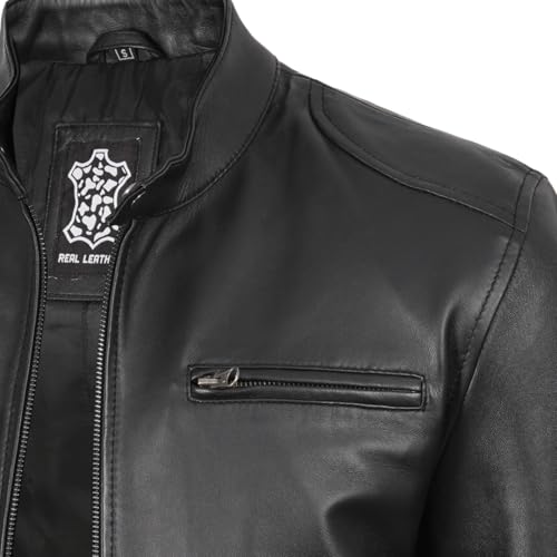 Image of fjackets Mens Leather Jacket - Real Lambskin Cafe Racer Jacket Stand Collar Moto Biker Zip Jacket For Men