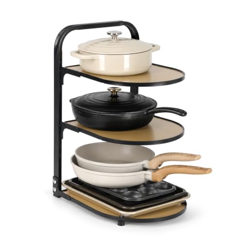 KMQRDZi Pot Holder, Pan Organizer for Kitchen, Kitchen Shelf, Frying Pan Cooking Pan Staggered Storage Rack, 3-Tier Adjustable Pot Organiser Shelf for Cabinet