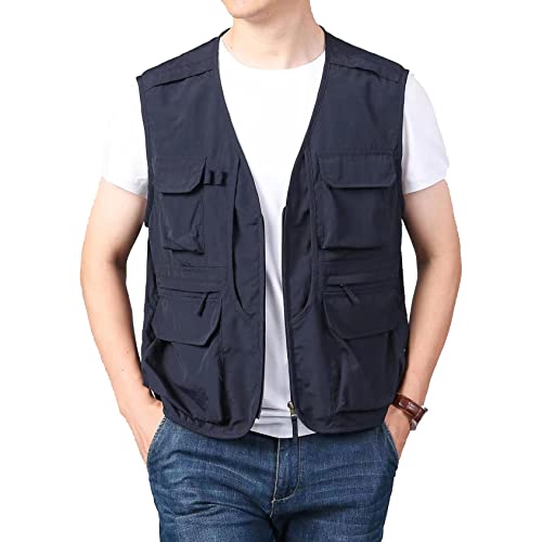 Perbai Men's Black Utility Fishing Vest Outdoor Summer Lightweight Work Photo Safari Cargo Vest(Navy-XXL)