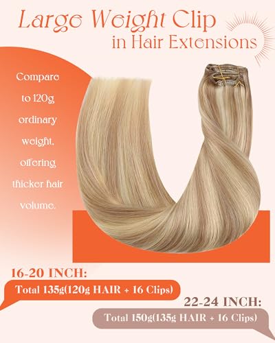 Image of Sunny Hair Clip in Hair Extensions Real Human Hair Blonde Highlights 135g | Honey Blonde Remy Hair Clip in Extensions with Full Head Thickness, Rounded Ends and Satin Texture for Office Hair 16 Inch