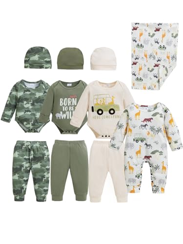 Image of Renotemy Newborn Baby Boy Clothes Essentials 11-Piece Layette Set with Bodysuits, Pants, Hats, Blanket-Infant Unisex Outfit