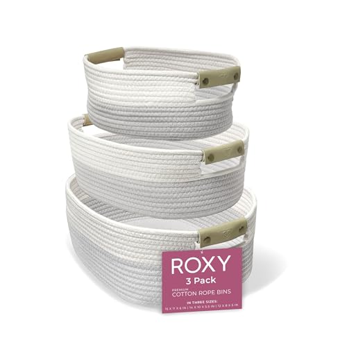 Roxy Storage Basket Set, Large Cotton Rope Storage Baskets for Shelves, Baskets for Organizing with Leather Handles, Eco-Friendly Soft Durable Woven Bin Set (3 Nested Sizes)
